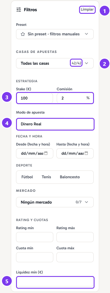 El carril de filtros del Oddsmatcher, de Preset a Liquidez mínima.